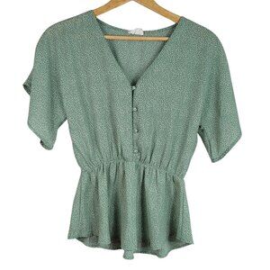 Sienna Sky Peplum Top Green White Small Short Sleeve Faux Button V Neck Geo